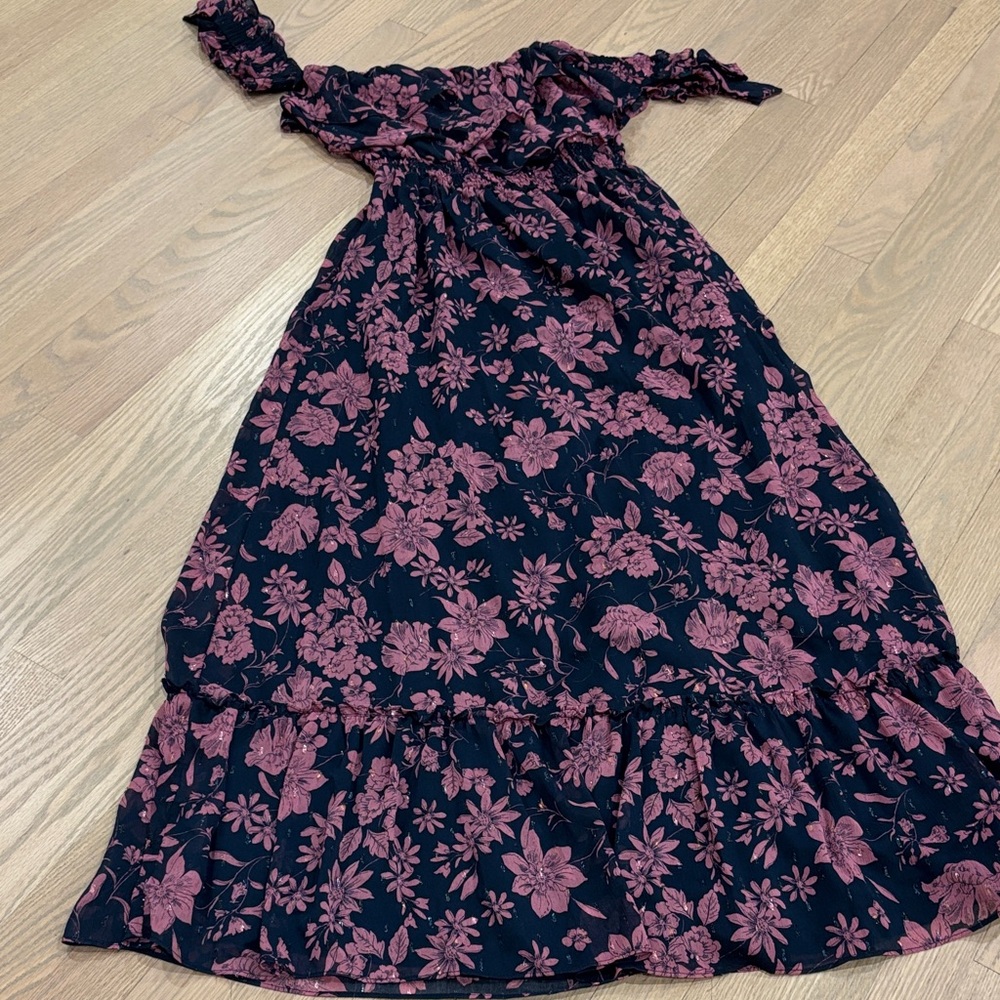 Lulu's Pink Floral Off Shoulder Ruffle Lurex Maxi Dress M - Picture 2 of 9